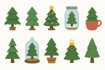 Obraz premium Flat Coloring Small Christmas Tree Icons, Miniature Holiday Set