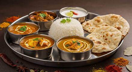 A Delicious Indian Thali Meal Featuring Rice Curries Naan Bread and Yogurt Dip for a Savory Dining Experience