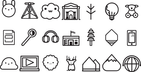 Collection of stylized icons depicting various objects and concepts illustration graphic
