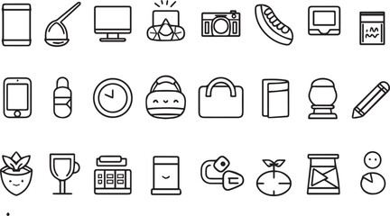 Collection of various icons representing everyday objects and concepts technology food