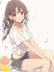 Anime Girl Sitting by Water in Summer with Fruits
果物と水辺の美少女アニメイラスト（夏）