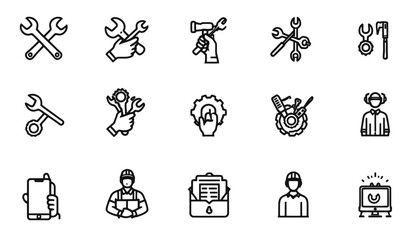 Collection of vector line icons depicting various types of wrenches, pipes, and adjustable tools, suitable for construction, repair, or industrial design projects.