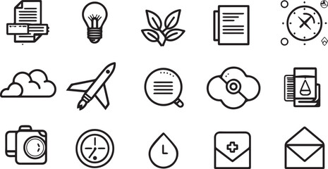 Document printing light bulb leaves stacked papers compass cloud rocket speech bubble flower medical vial camera clock water drop medical envelope