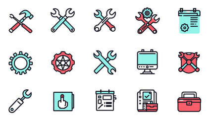 A collection of vector icons related to repair, maintenance, and tools, featuring wrenches, gears, and other related elements for use in design projects and technical illustrations.