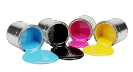 CMYK colored paint pouring from cans on white background
