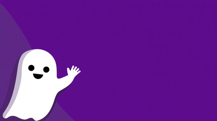 A cartoon ghost waving its hand on a purple background for halloween theme