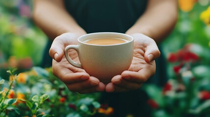 A cup of tea held in gentle hands amidst garden blooms.