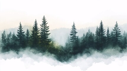 Misty forest scene with tall evergreens.