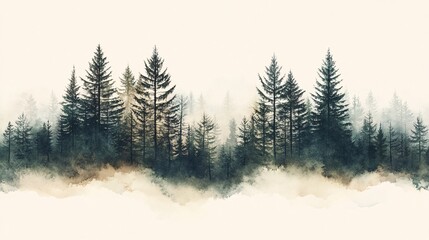 Misty forest scene with towering evergreens.