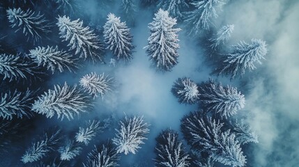 A wintry forest scene with frosted pine trees.