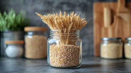 Wheat ears in a glass jar with grains.