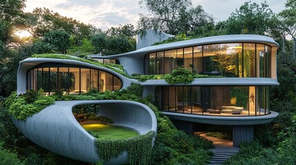 Modern, environmentally friendly house nestled within a lush forest.