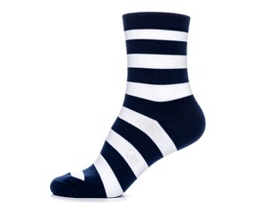 Striped navy and white sock on white background