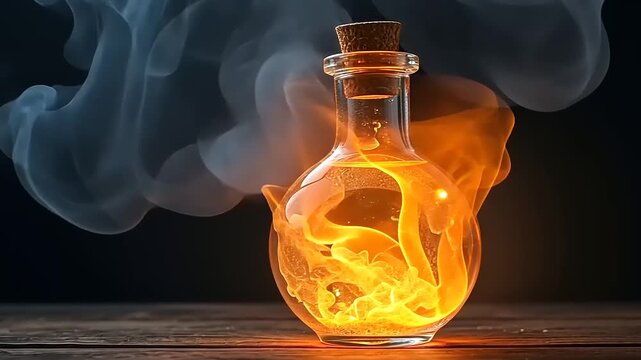 Magical potion bottle with glowing liquid and smoke effect on dark background