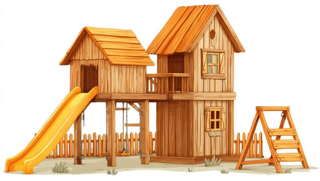 Wooden playhouse with slide and swing set (1)
