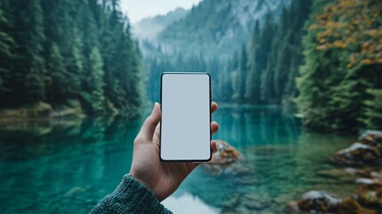 Smartphone mockup held outdoors, showcasing a blank screen against a serene lake and forest backdrop.