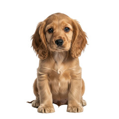 Adorable young English Cocker Spaniel puppy with light brown fur sitting calmly and looking directly at the camera, isolated. isolated PNG with Transparent Background