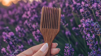 Wooden hair comb held against a backdrop of lavender flowers.