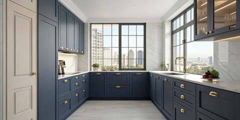 Open-concept kitchen with navy blue cabinets, brass handles, and a large window showing a cityscape.
