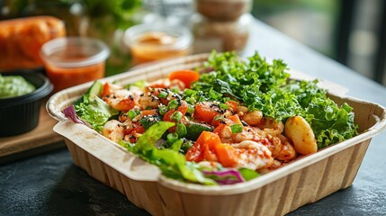 Healthy meal in a disposable container.