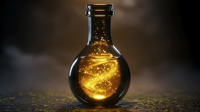 Enchanted potion in a glass flask swirling with golden sparkles, set against a mystical background