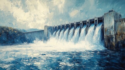Powerful water flowing over a large dam.