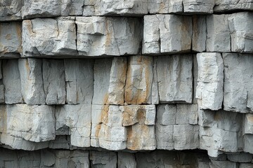 Dramatic limestone cliffs with visible fossil imprints and mineral veins showing natural earth layers and geological history