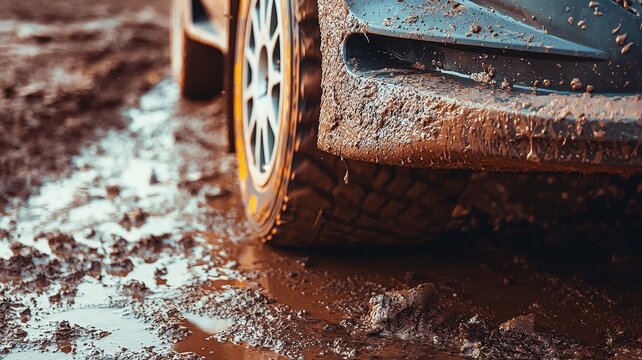 A close-up view of a rally car's skid plate showing mud and dirt, capturing the rugged texture and dynamic environment of off-road racing.