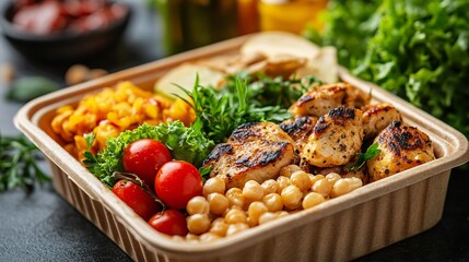 Grilled chicken, chickpeas, and vegetables in a take-out container.