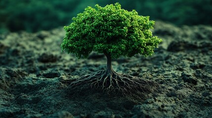 Lush green tree with visible roots on dark terrain.
