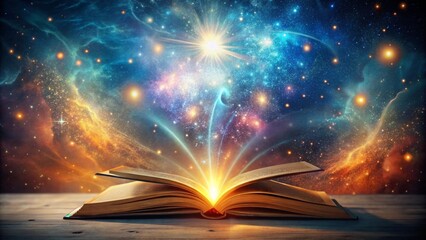 Magical open book glowing with starlight against a dark, cloudy night sky, radiating a vibrant burst of color and light like a cosmic celebration