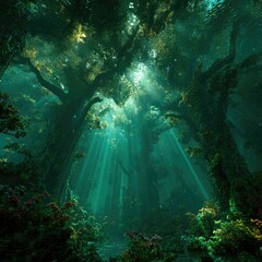 Obraz premium Lush, sunlit forest interior