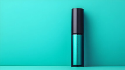 Obraz premium Sleek turquoise cosmetic bottle with black cap against a vibrant teal background, perfect for beauty product displays