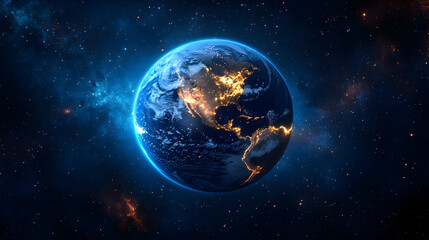 Obraz premium Stunning view of Earth from space, showcasing illuminated cities and swirling clouds against a starry backdrop