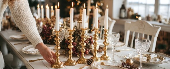 Festive Christmas table setting with gold candlesticks and white linens