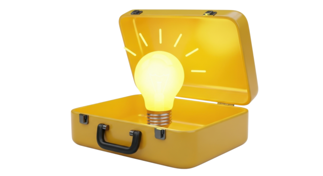 Business idea solution concept inside an open yellow suitcase isolated on white.