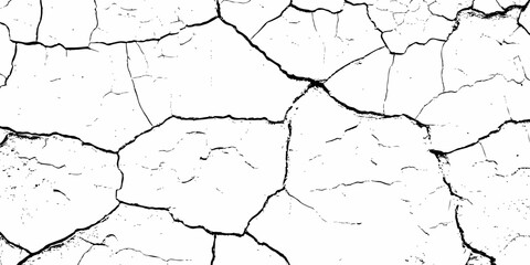 high contrast black and white image of a cracked white wall with cracks and damaged texture, creating an abstract and distressed background look	