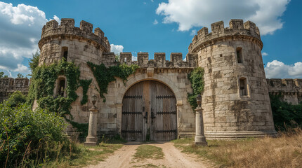 Obraz premium A grand, ancient stone castle gatehouse with twin turrets, overgrown with ivy, stands beneath a bright blue sky with fluffy clouds.