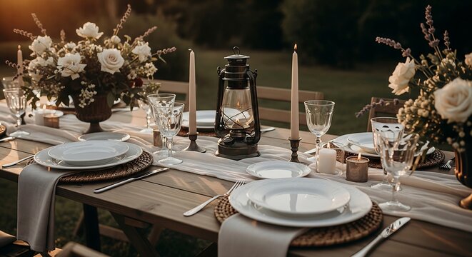 Elegantly set outdoor table for a romantic dinner. Features floral arrangements, candles, and a lantern creating a warm, inviting atmosphere.
