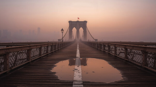A foggy dawn casts a soft, ethereal glow over the Brooklyn Bridge, its wooden walkway leading towards the iconic towers. - Powered by Adobe