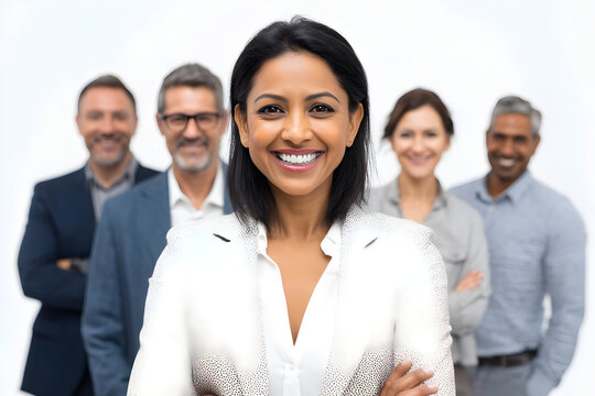 A smiling woman in front of a diverse group of business professionals on a white background studio shot . - Powered by Adobe