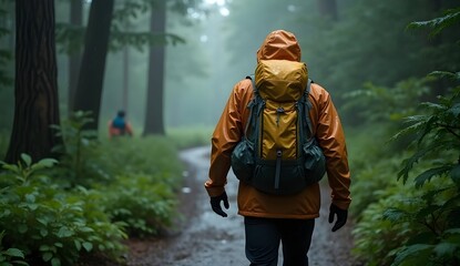 Damp Forest Journey: Balanced Lighting on Rainy Trail Scene