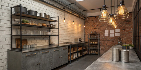 Industrial-style kitchen with exposed brick wall, metal shelves, and Edison bulb lighting.
