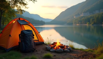 Outdoor Adventure Setup: Crisp Lakeside Camp in Natural Light
