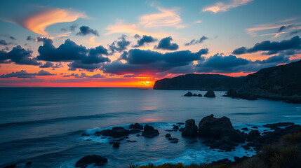 Fototapeta premium ultramarine blue bold cinematic sunset wide-angle coastal landscape