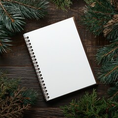 Fototapeta premium Blank notebook surrounded by evergreen sprigs on a dark wooden surface