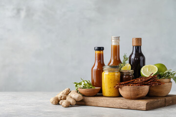 assortment of exotic hot sauces and marinades featuring unique ingredients on clean background