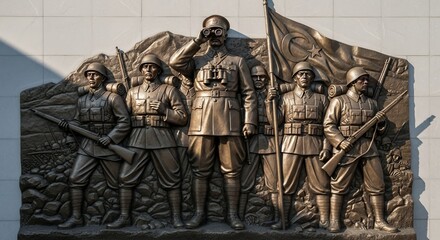 Heroic bronze relief sculpture depicting a Turkish general with binoculars, leading soldiers with rifles and the Turkish flag
