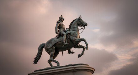 Iconic equestrian statue of Mustafa Kemal Atatürk in İzmir, Turkey, against a dramatic, cloudy sky