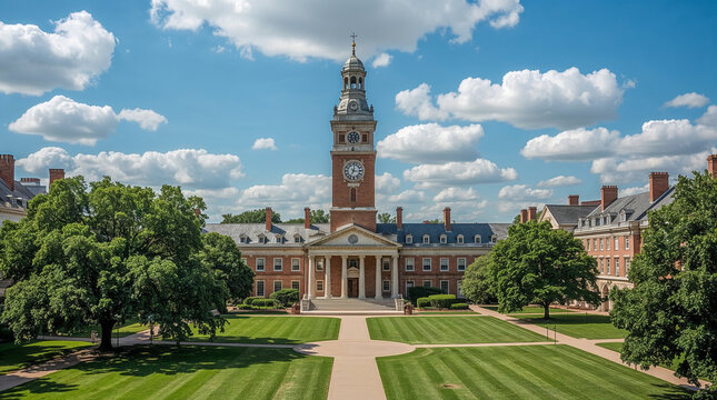 Grand brick building with a clock tower and manicured lawns under a bright blue sky with fluffy white clouds. A classic architectural masterpiece.